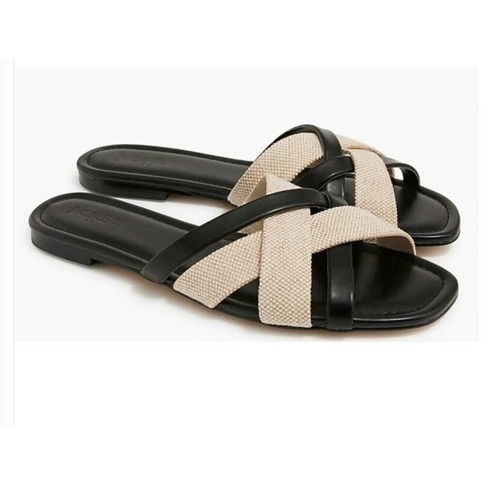 J. Crew Factory Black and Beige Woven Leather Slide Sandals